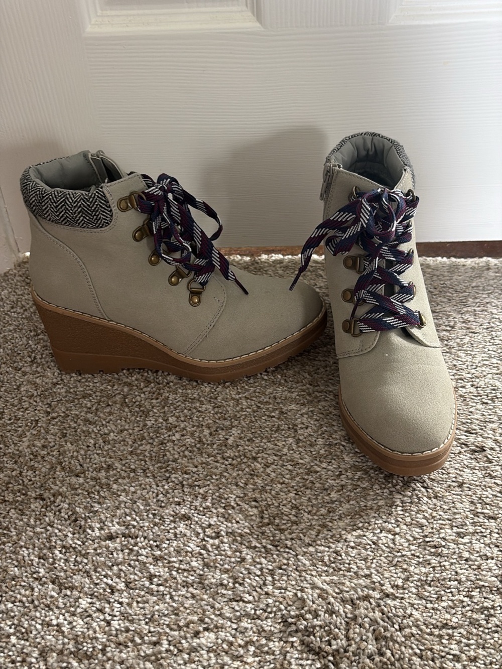 Maurices Taupe Wedge Ankle Boots with Patterned Collar